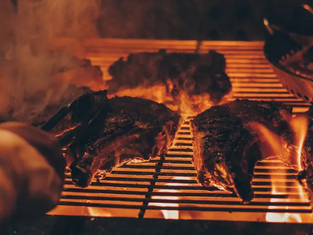 Cortes de carne grelhando sobre as chamas.